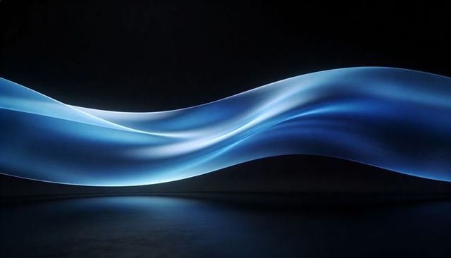 Gliding Luminous Blue Ribbon Wave Floating Over Dark Reflective Surface, Abstract Minimal