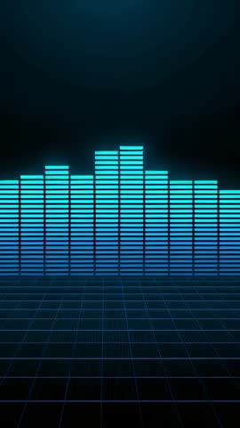 Pulsing neon equalizer rising and falling on glowing retro grid vertical video loop