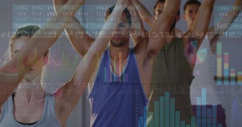 Group fitness class stretching and tracking performance with data overlays and analytics