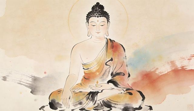 Seated buddha meditating with small flame and halo on parchment watercolor ink wash