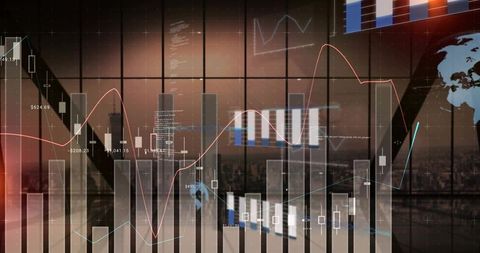 Displaying financial market hud on urban skyline with candlestick charts and trend lines