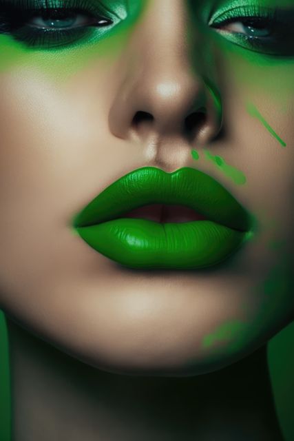 This striking close-up shot features a woman with bold green makeup and vibrant green lips. Perfect for fashion editorials, beauty product promotions, makeup tutorials, and marketing materials related to cosmetics and beauty trends.