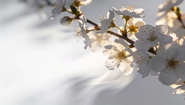 Backlit white cherry blossoms on slender branch showing delicate stamens and petals macro