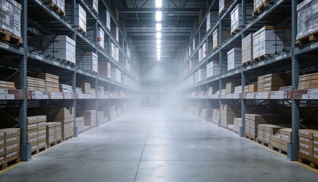 Empty warehouse aisle leading to vanishing point with pallet racks in fulfillment center