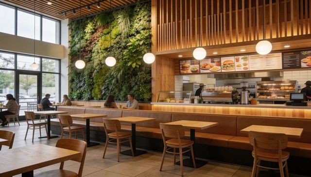 Modern biophilic cafe interior with living green wall, wooden seating and pendant lighting