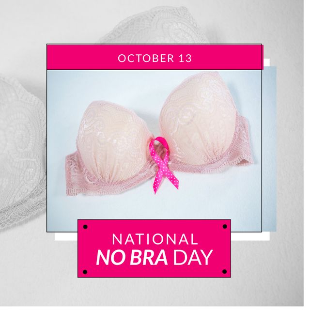 Image of national no bra day over grey background and frame with pink bra. No bra day, health and celebration concept.