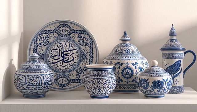 Blue-and-white porcelain collection with arabic calligraphy and delftware lidded jars
