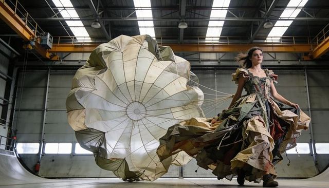 Model pulling parachute in industrial hangar wearing layered couture dress and boots