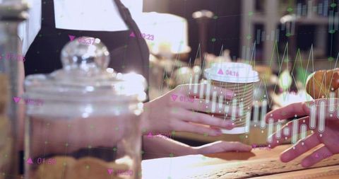 Barista Handing Takeaway Coffee Cup Over Wooden Counter with Financial Graph Overlay