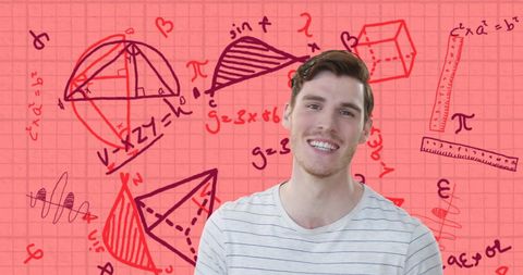 Confident Student with Math Equations on Pink Background