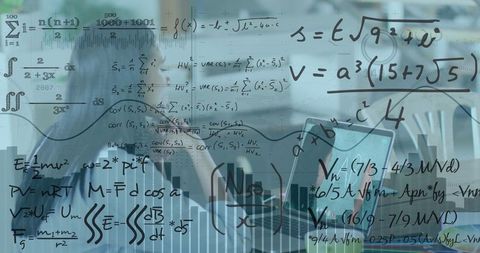 Businesswoman Using Laptop Surrounded by Mathematical Equations