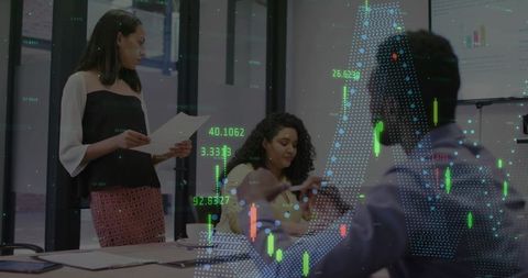 Female Leader Presenting Financial Data with Team Collaborating and Digital Analytics