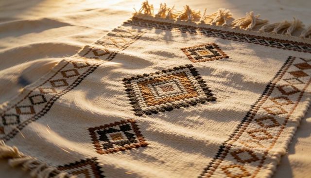 Handwoven desert rug catching golden sunset light on sand with geometric diamonds