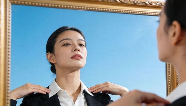 Asian businesswoman adjusting collar in ornate gold mirror, confident professional