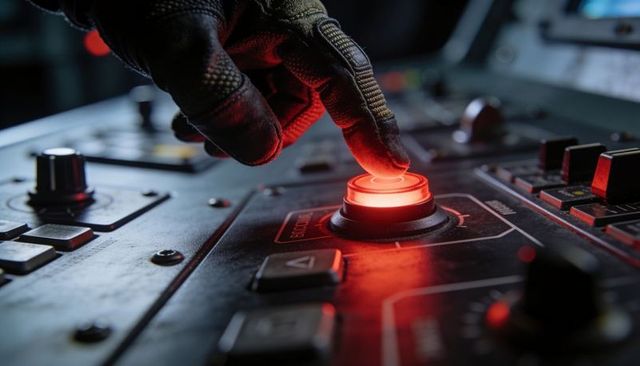 Gloved finger pressing glowing red emergency button on aircraft control panel, closeup