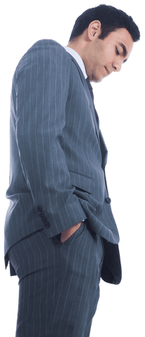 Biracial Businessman Looking Down in Pinstripe Suit Transparent Background