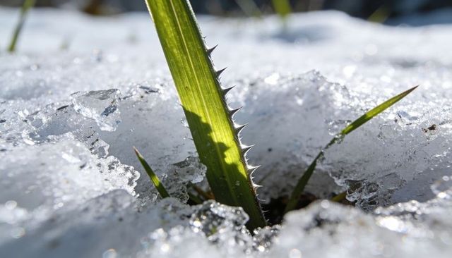 Serrated grass blade pushing through melting snow, sunlit ice crystals and water drops