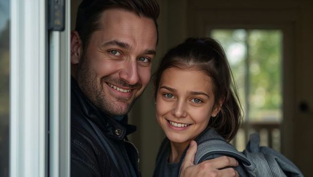 Smiling father and teen daughter leaving home with backpack, warm morning farewell