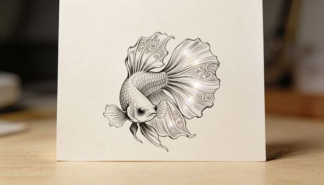 Black ink betta fish line art on white card on wooden desk for stationery design