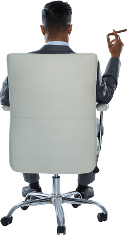 Businessman with cigar sitting in office chair on transparent background