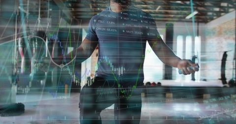 Athlete skipping rope in industrial gym with stock market chart overlay, finance concept
