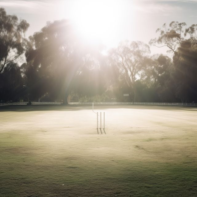 Cricket pitch bathed in early morning sunlight, creating a serene and tranquil scene perfect for sports event posters, relaxation content, promotional materials for cricket communities, or inspirational backgrounds.