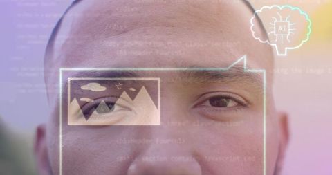 Male headshot displaying futuristic ai facial interface with holographic ui overlays