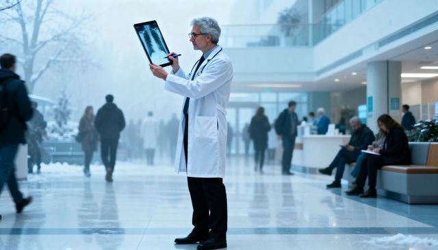 Senior doctor reviewing chest x-ray in busy hospital lobby with winter light