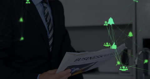 Businessman Reading Newspaper with Digital Interface