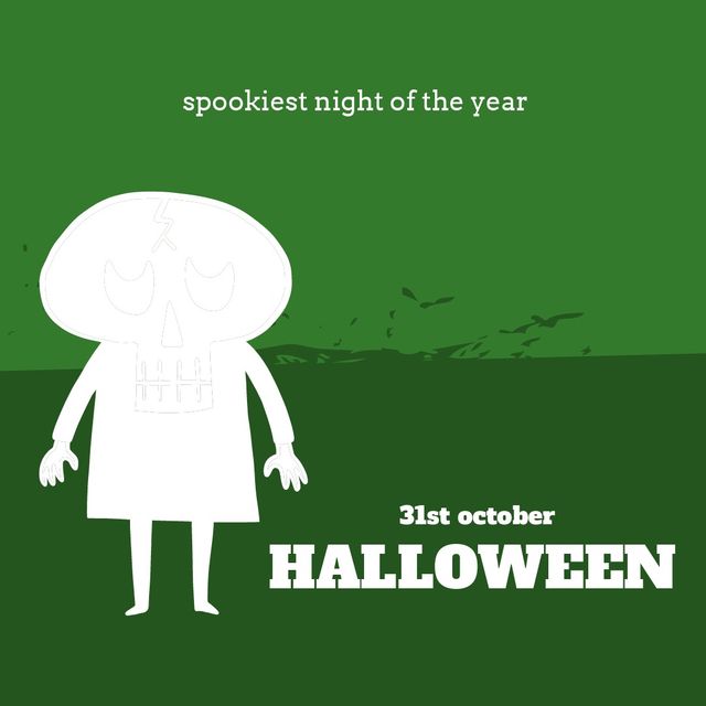 Illustration featuring spooky cartoon skeleton silhouette with text '31st October Halloween' on a green background. Perfect for Halloween event advertising, party invitations, holiday-themed social media posts, and promotional materials looking to convey a creepy and eerie atmosphere.