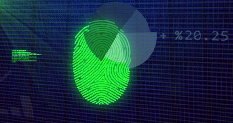 Neon green fingerprint scanning over digital grid for biometric security analytics