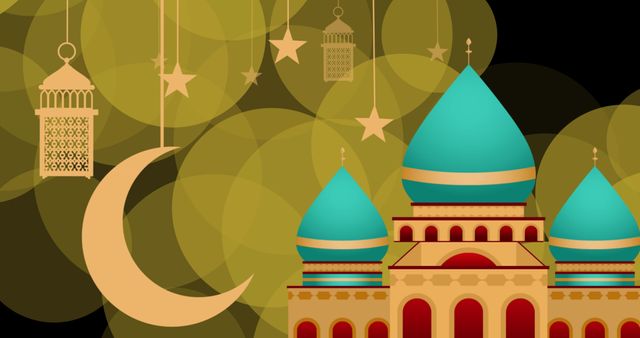 Ramadan Celebration with Lanterns, Crescent Moon and Mosque Illustration - Download Free Stock Images Pikwizard.com