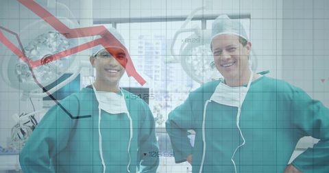 Diverse male surgeons analyzing data technology interface