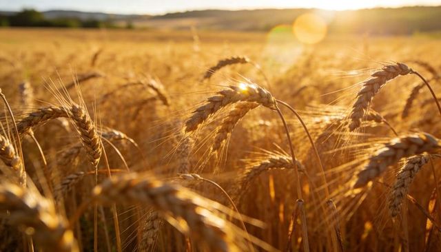 Glowing wheat field at golden hour, ripe ears shimmering with warm sunlight and lens flare