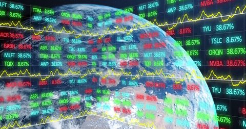 This visual displays an overlay of global financial data metrics superimposed on a view of Planet Earth, symbolizing interconnected business networks and international economic activity. Useful for illustrating topics in global economics, stock market analysis, and digital transformation in finance on websites, reports, and presentations aimed at analytics firms or technology-influenced business journalism.