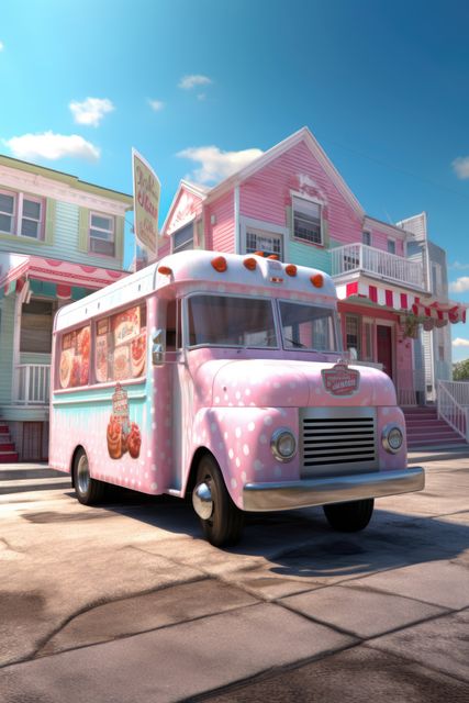 Vintage ice cream truck painted pink with polka dots parked in front of colorful houses in a charming neighborhood on a bright sunny day. Ideal for illustrating themes such as summer fun, nostalgia, street food culture, and retro aesthetics. Perfect for advertising summer events, food festivals, and neighborhood activities.