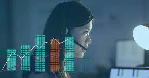 Working woman wearing headset monitoring analytics on multi-monitor dashboard in low light