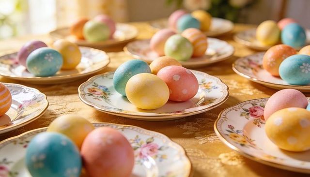 Displaying Pastel Easter Eggs on Vintage Floral China Plates with Gilded Gold Tablecloth