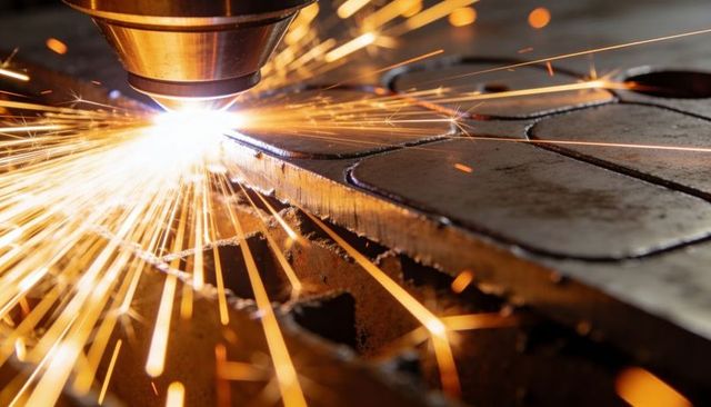 Plasma torch cutting steel plate, sending bright sparks and molten slag in close-up
