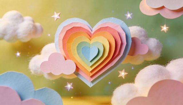 Pastel concentric layered paper heart floating among cotton clouds and sparkling stars
