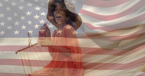 Joyful Woman Enjoying Beach Cocktail with American Flag Overlay