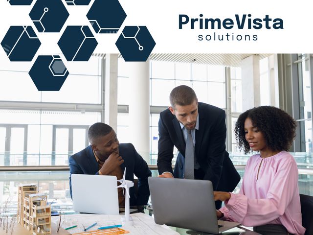 Primevista solutions text with hexagon shapes over diverse architectures discussing over laptop. Composite, office, teamwork, technology, marketing, business, card, advertise, template, design.