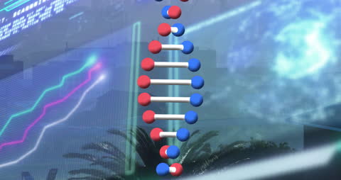 Futuristic DNA Strand and Data Animation Over Cityscape
