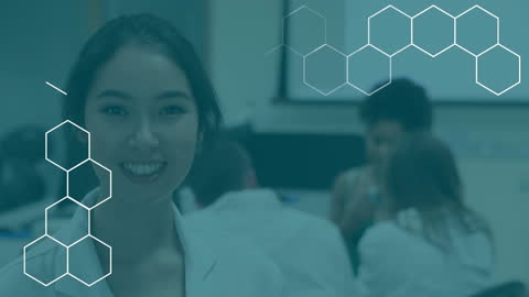 Young Scientist Interacting with Digital Hexagonal Interface