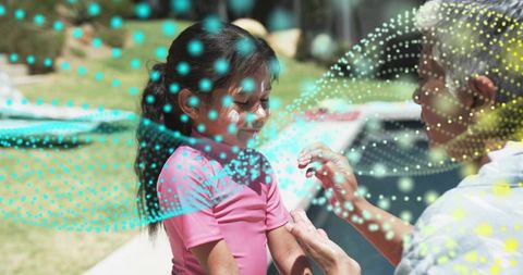 Applying sunscreen to smiling girl at backyard pool with turquoise digital overlay