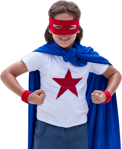 Cheerful Child Wearing Superhero Costume with Red Mask and Blue Cape Transparent PNG