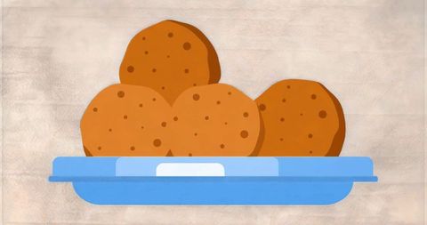 Presenting blue tray holding three golden-brown fritters on textured beige backdrop