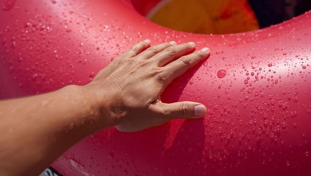 Sunlit hand pressing wet hot pink inflatable ring with water droplets and yellow interior