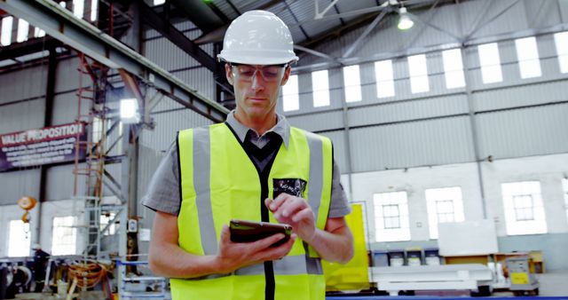Engineer wearing safety gear in factory using smartphone. Suitable for topics related to industrial work, safety in the workplace, modern technology integration, and professional environments.