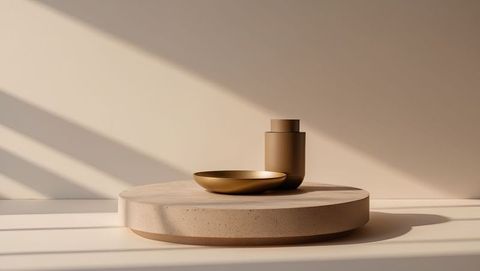 Elegant still life with golden bowl and lidded container in minimalist studio
